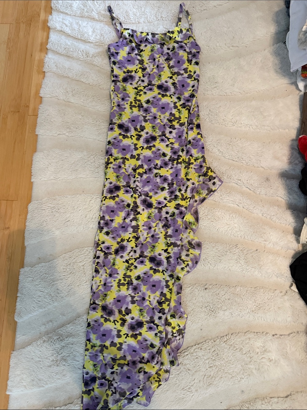 Floral Asymmetric Ruffle Maxi Dress in Yellow and Purple